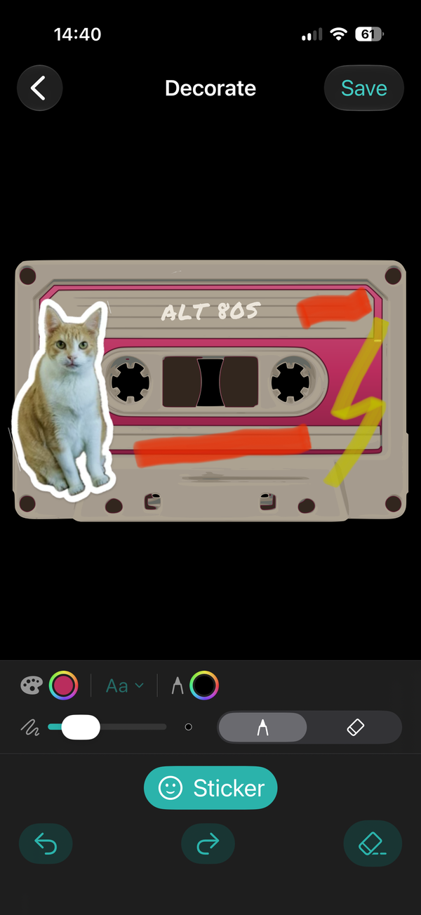Decorating a cassette with stickers and drawings