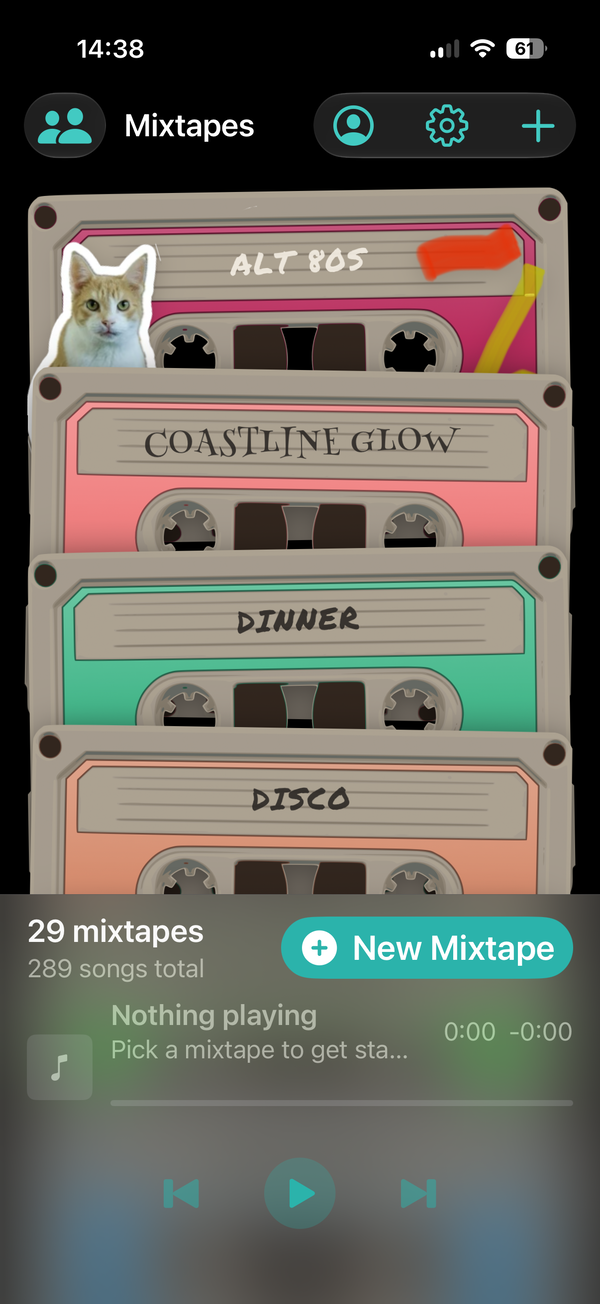 Mixtape shelf showing stacked decorated cassettes